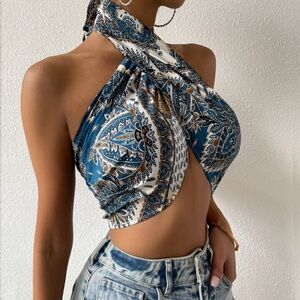 SHEIN Paisley Halter Neck Crop Top